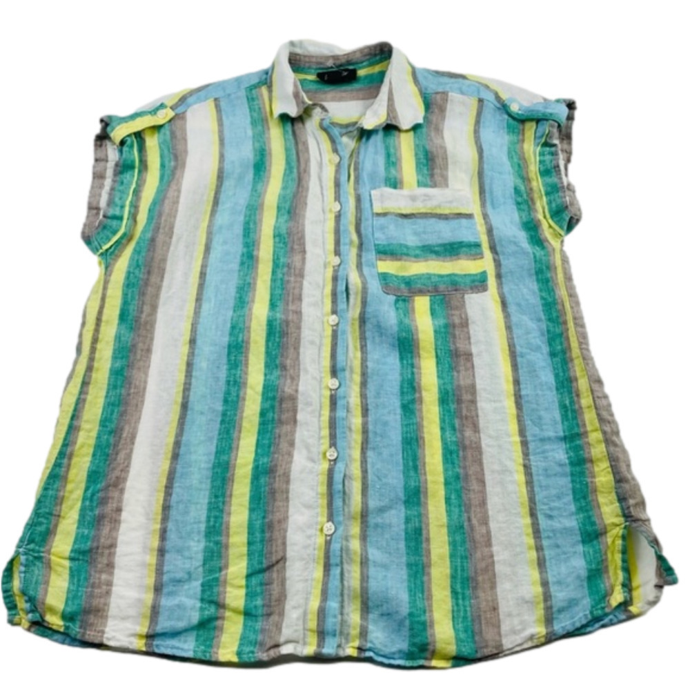 Lord & Tylor Blouse Women Size Medium multicolored short sleeves 100% Linen
